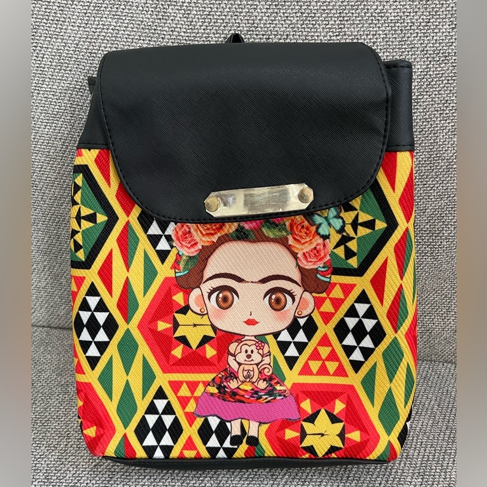 Frida Kahlo Vibrant Black and Red Geometric Backpack Puse - Picture 16 of 16